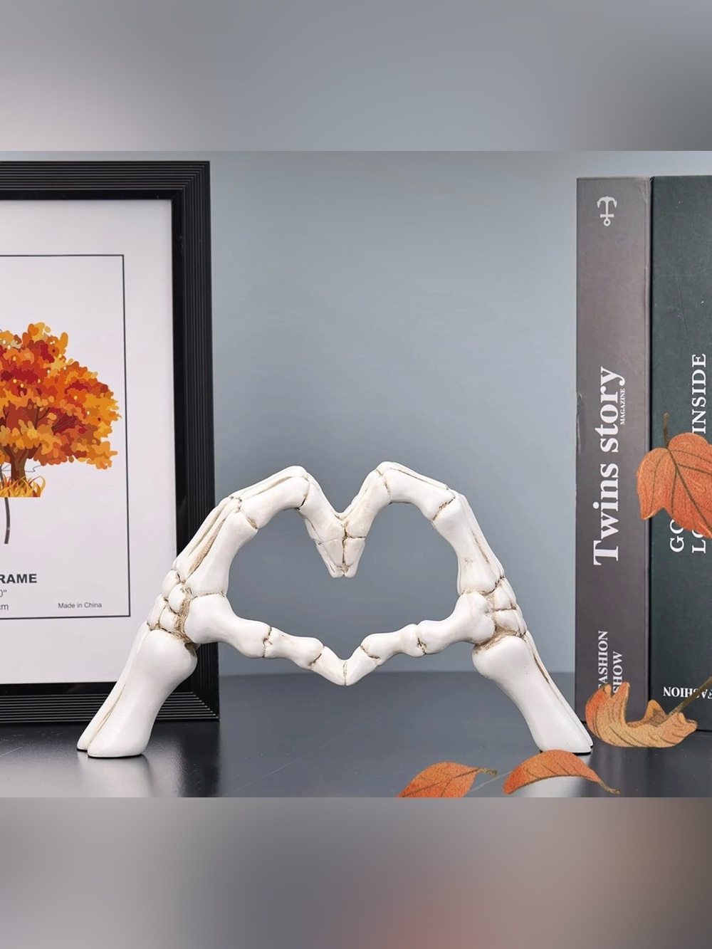 NWT White Halloween Heart Hands Sculpture, Resin Abstract Skeleton